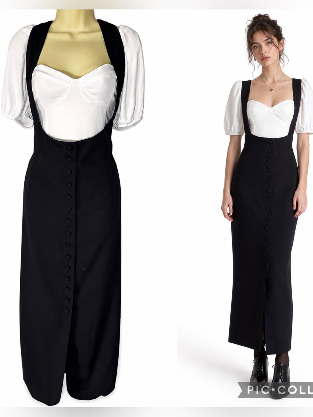 Vintage Black Pinafore Midi Dress Jumper Suspender Button Front Cottagecore 8-10